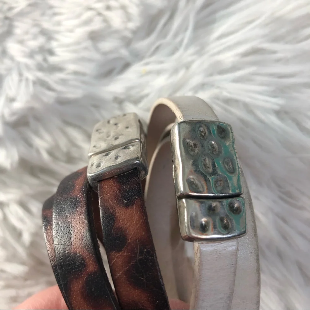 🩶5/$30 Brown Leopard and White Leather Wrap Bracelets with Silver Clasp